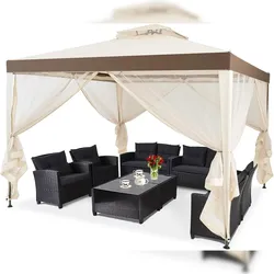 COSTWAY Gartenpavillon Gartenzelt mit 4 Seitenwänden, Moskitonetz & Reißverschluss, Partyzelt Festzelt Sonnenschutz 300x300x265cm Beige