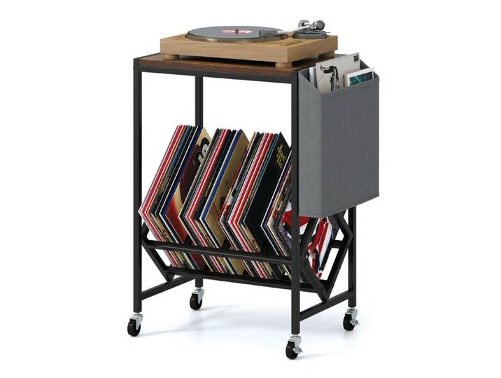 COSTWAY Support de Stockage de Disques Vinyles avec Poche 4 Roulettes Cadre en Métal pour Salle de Musique Salon Marron