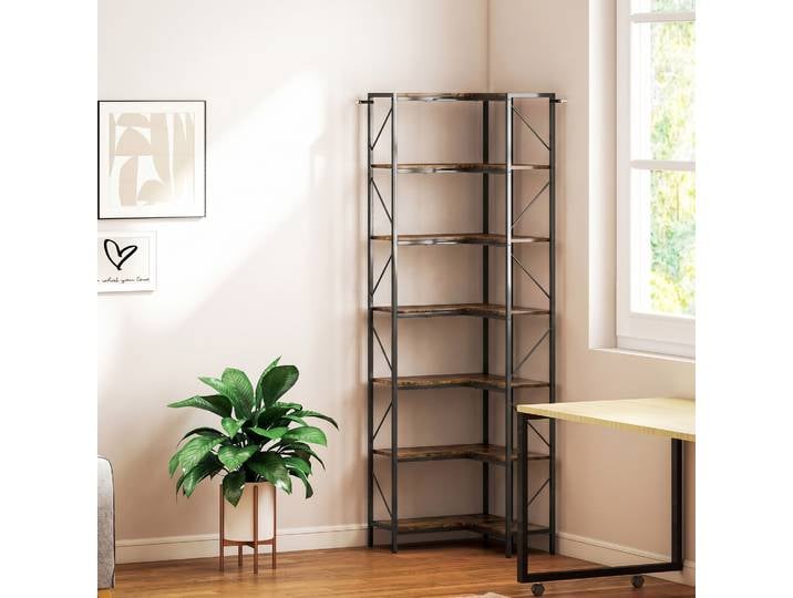 HOMCOM Bibliothèque d'Angle 7 Niveaux Brun Rustique 60x60x198 cm