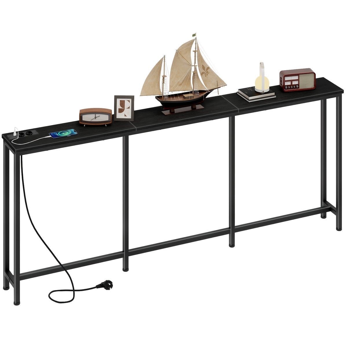 North Collective Wandtafel House of Balance - Industrieel Design met Laadstations - Zwart - B: 200 cm, D: 18 cm, H: 82 cm
