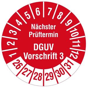 Böttcher-AG Prüfplaketten DGUV Vo3, nächster Prüftermin, 2026-2031, rot, Ø 30 mm, 1.000 Stück