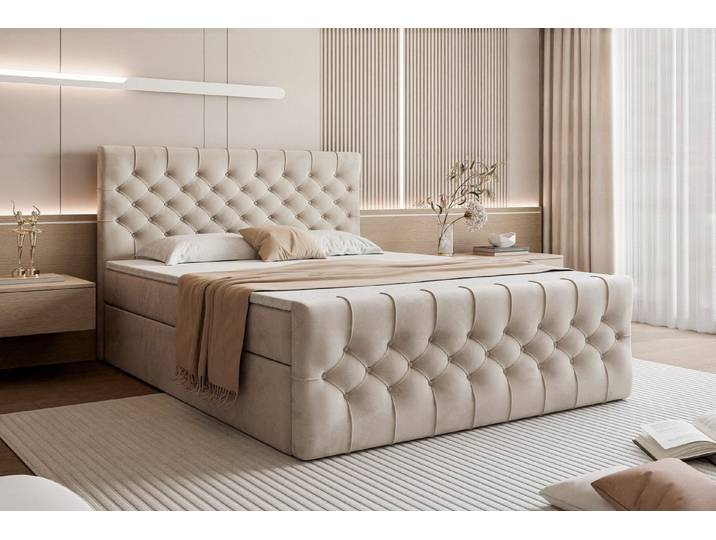Goldstoff Boxspringbett TAURIEL mit Federkernmatratze & Topper, zwei Bettkästen (von 120 bis 200x200 cm), modernes Doppelbett aus Velvet Stoff mit edlem Kopfteil