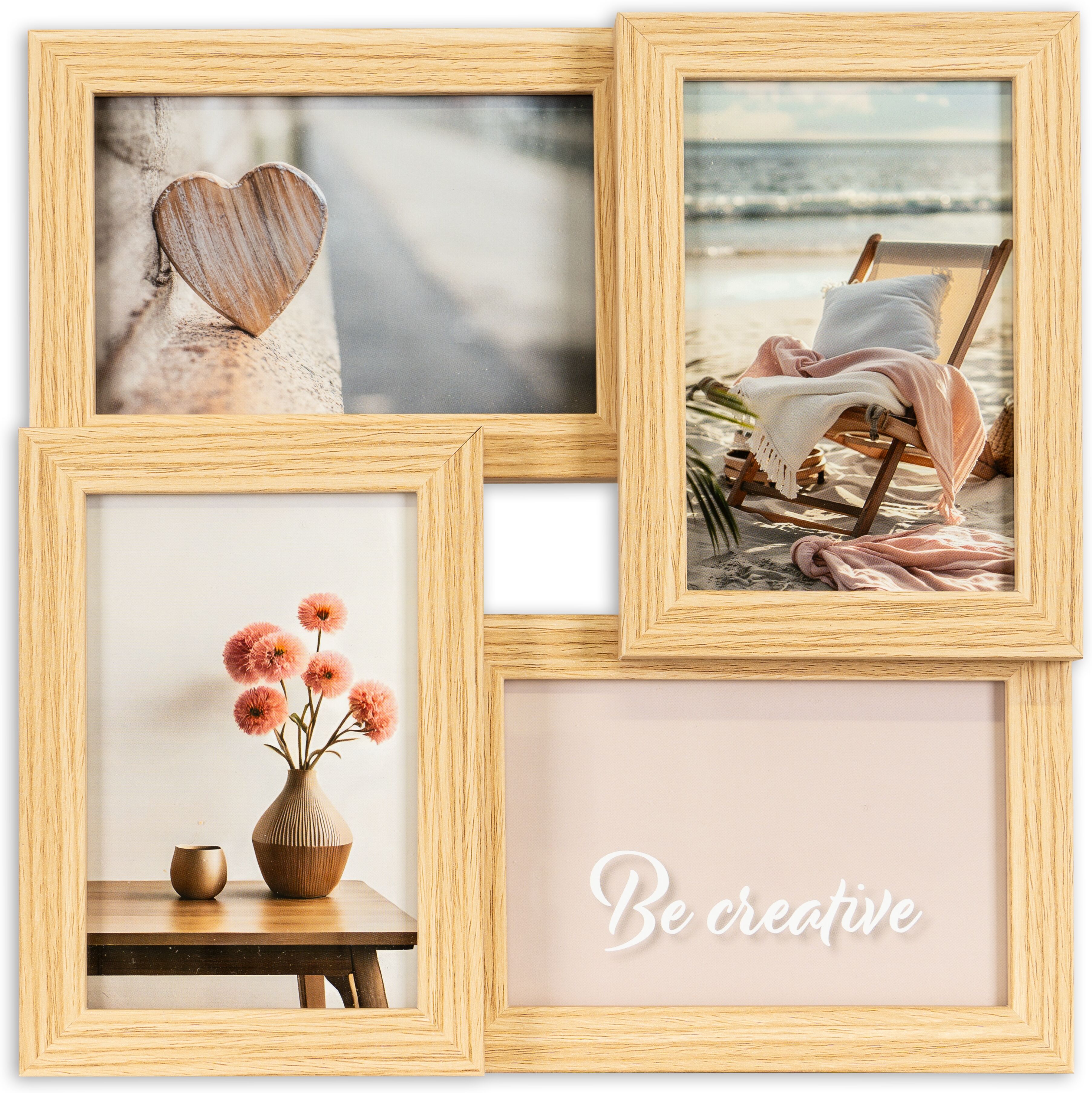 Bilderrahmen Collage QUEENCE "Rahmen 3D Holz in braun", beige (natur), B:29cm H:29cm T:3cm, MDF, Bilderrahmen, Bilderrahmen Collage, Platz für 4 Fotos in 10x15cm natur B/H/T: 29cm x 29cm x 3cm, Holz