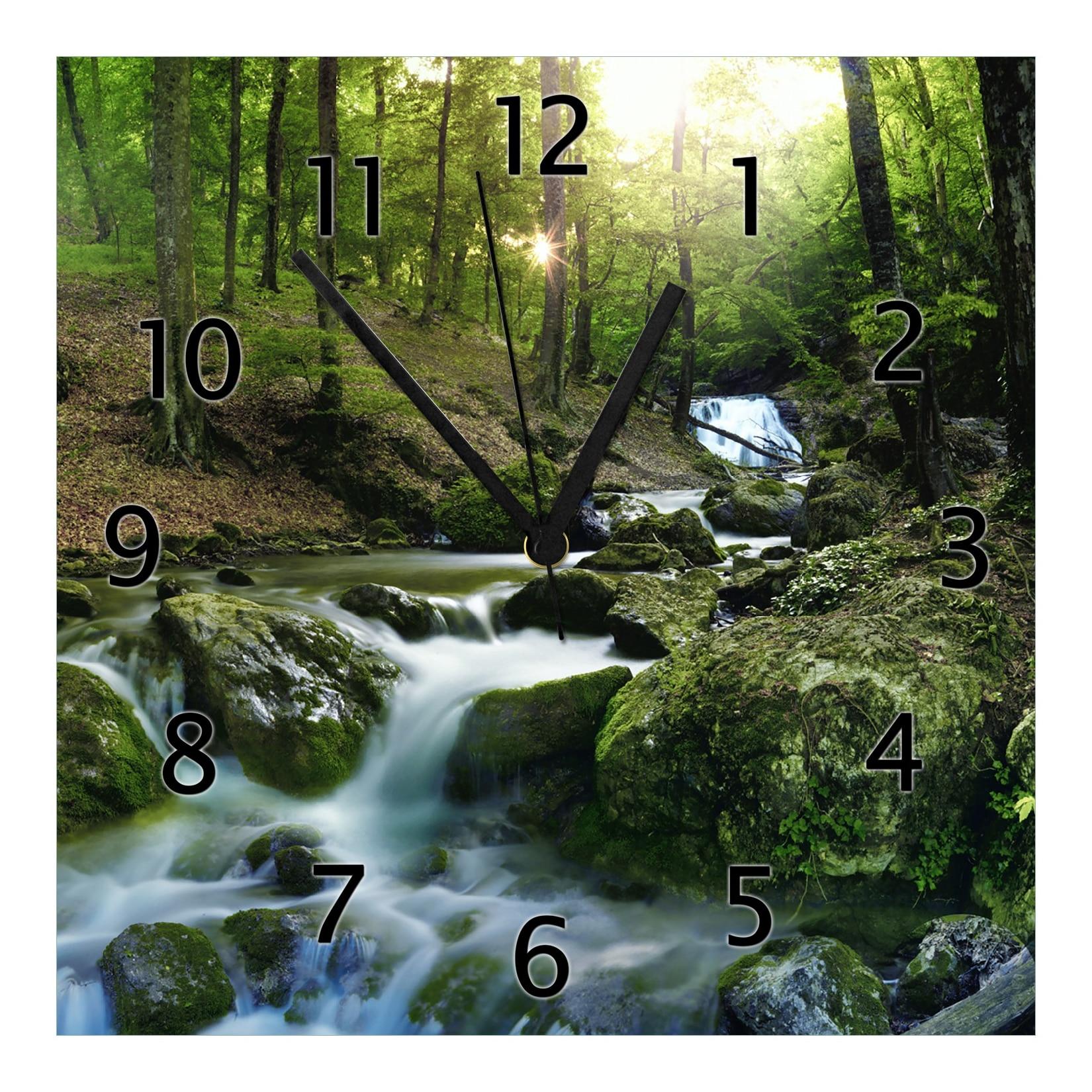Wallario Uhr 30 x 60 cm, weiße Zeiger Fließender Bach im Wald bei Sonnenuntergang