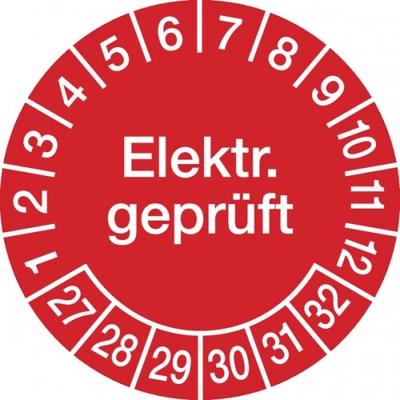 König Werbeanlagen Prüfplakette ab 27, Elektr. geprüft ab 27, rot/weiß, Ø 20/30 mm - Bogen = 10 Plaketten - 30 mm Folie selbstklebend