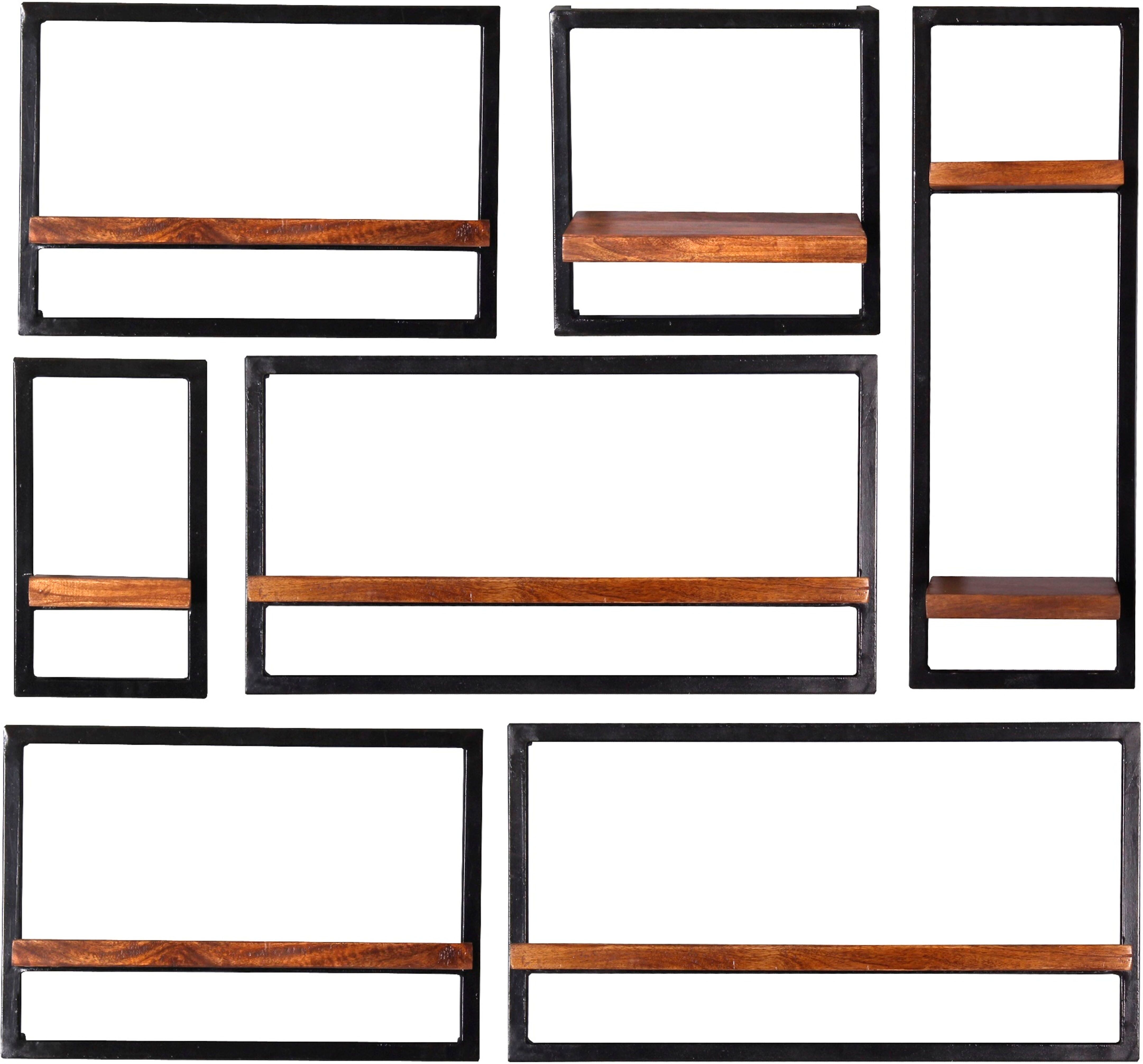 Wandregal SIT "Abisko Wandregal-Set 7-teilig aus Mangoholz mit Altmetall", schwarz (schwarz, natur), B:120cm H:110cm T:25cm, Regale, Wandregal, 7 Wandregale in verschiedenen Grössen für flexible Gestaltung schwarz, natur B/H/T: 120cm x 110cm x 25cm