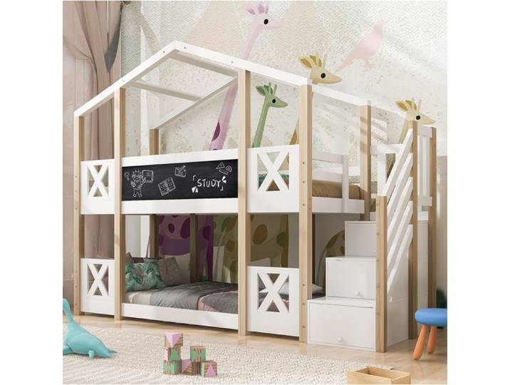 Lit cabane enfant - 90x200 cm - bois blanc et naturel - escalier de rangement - style cabane