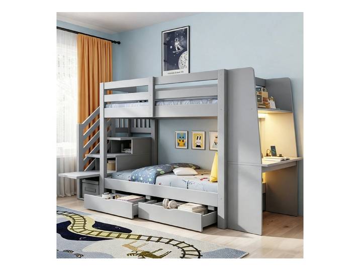 i@home Etagenbett Kinderhochbett mit Schreibtisch, Hochbett Stauraumtreppe (2-St., mit LED, Steckdose, Lernecke & Regal), Jugendbetten 2 Schubladen für Kinderzimmer 90x200 cm