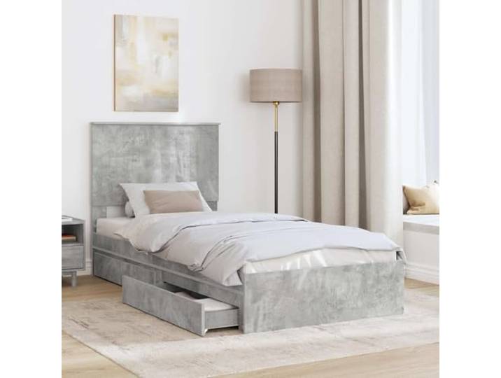 SKTQYQO Bett mit Schubladen, Zementgrau, 90 x 190 cm Technisches Holz, mit Kopfteil, modernes Design, einfache Montage