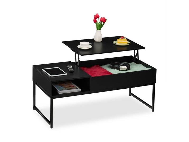 Relaxdays Couchtisch Schwarz mit Stauraum 110x50 cm, Metall, 110x56x50 cm, Wohnzimmer, Wohnzimmertische, Couchtische