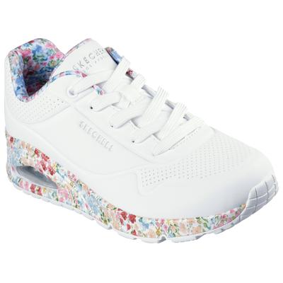 Sneaker SKECHERS "UNO-MAJESTIC GARDEN", Damen, Gr. 35, atmungsaktiv, bunt (weiß bunt), Lederimitat, geblümt, Schuhe Sneaker, Keilsneaker, Plateausneaker mit bedruckter Sohle