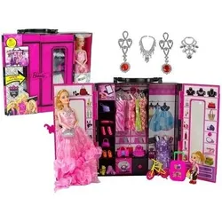 Lean Toys Puppe mit Kleiderschrank Kleider Accessoires für Puppen Kleiderschrank Well Kleidung Koffer