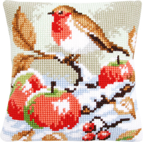 Kreuzstichkissen "Rotkehlchen & Apfel"
