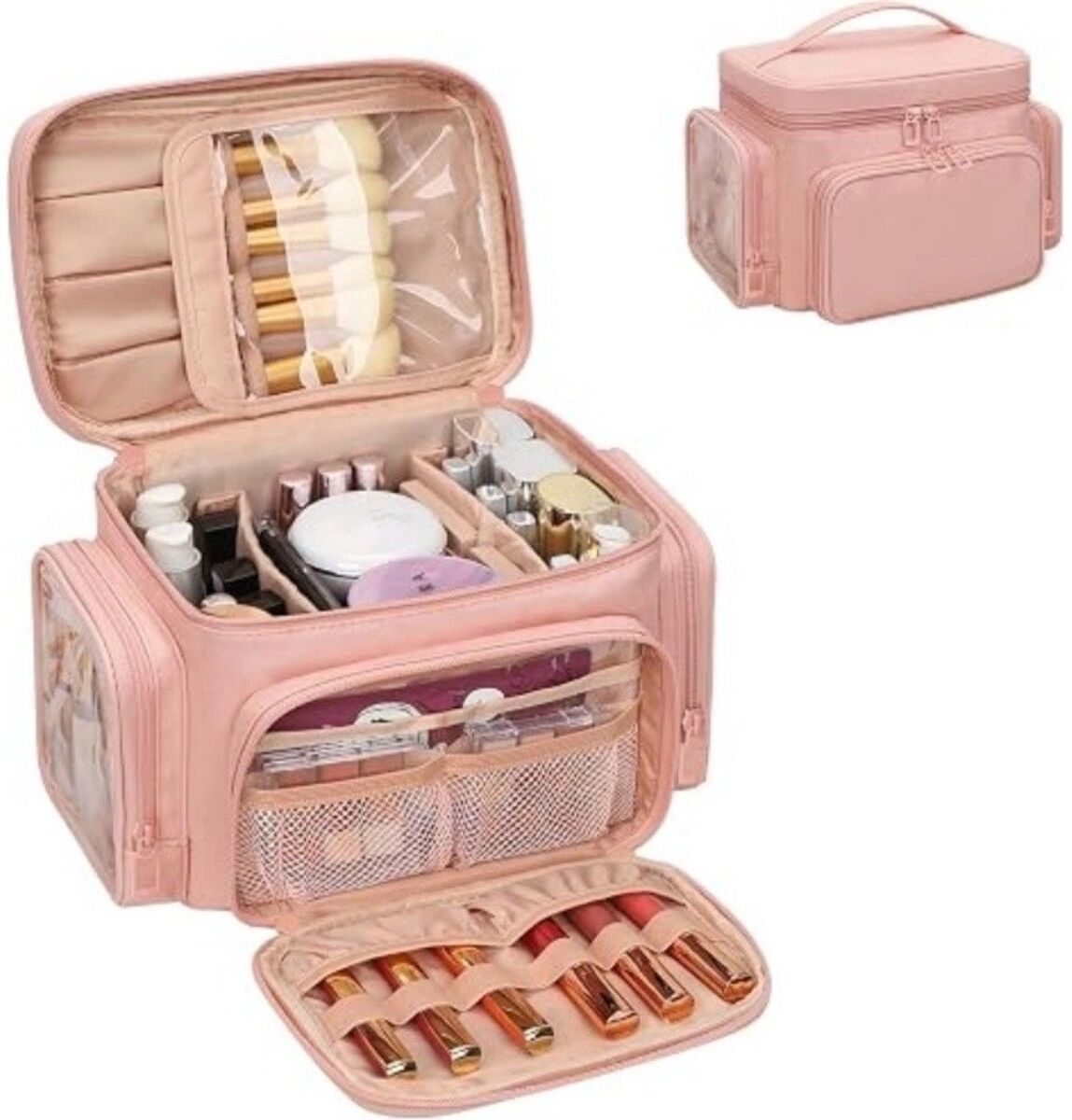 INF Tragbare PU-Kosmetiktasche mit großem Innenraum und mehreren Fächern Rosa