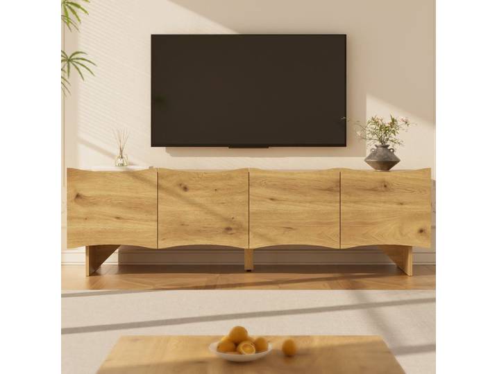 Meuble TV - DREAMMESPACE - Console multimédia - 4 portes - Aspect bois - 155x36x47cm