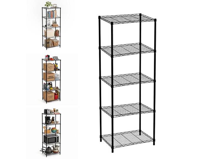 Relaxdays Regal Schwarz Stahl Drahtgitter 56x35 cm, Metall, Kunststoff, 56x160x35 cm, Wohnzimmer, Regal, Bücherregale