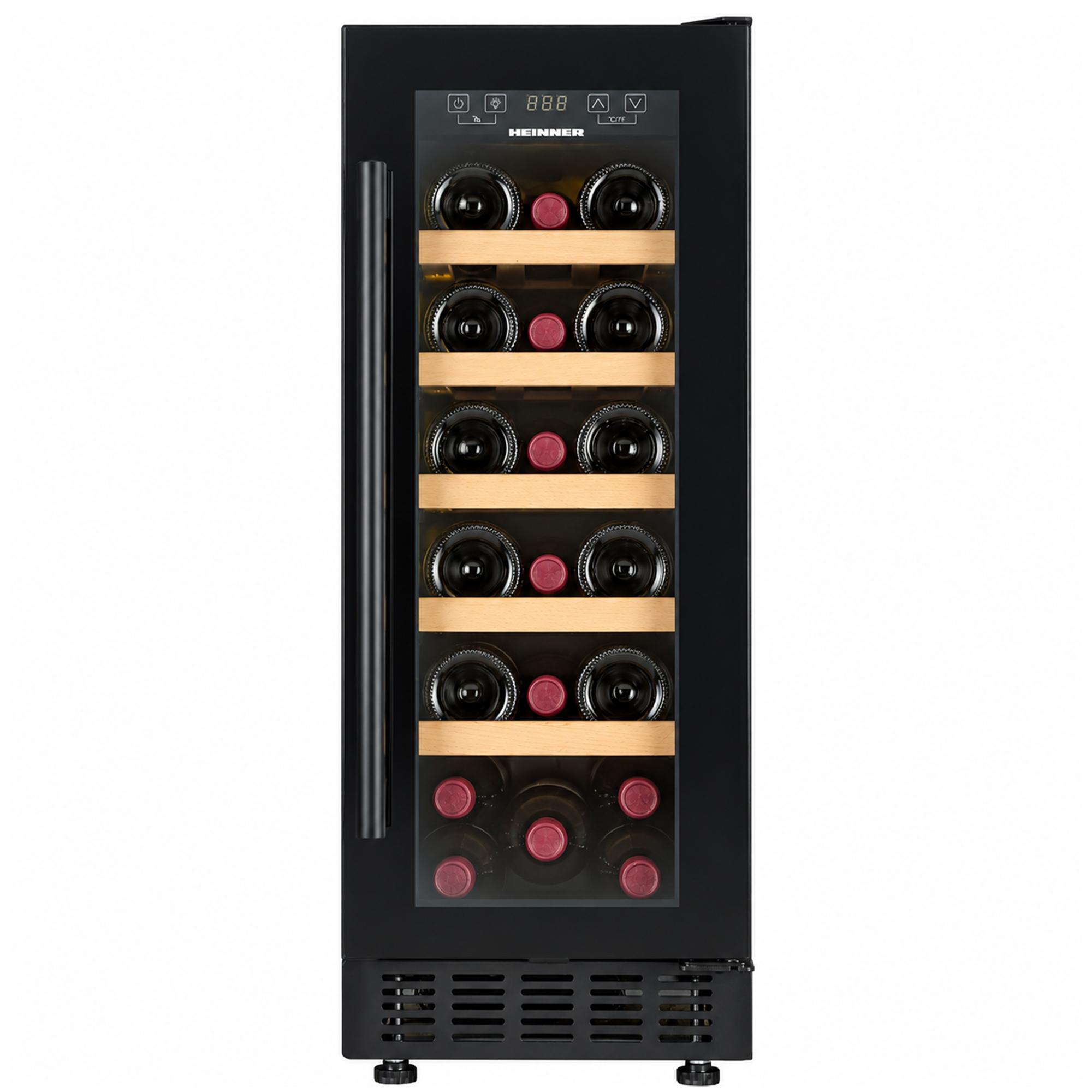 Heinner HRV-ABI56DRL20 Einbau-Weinkühlschrank 56L, für 20 Flaschen, LED-Display, 5 Holzablagen, Schwarz
