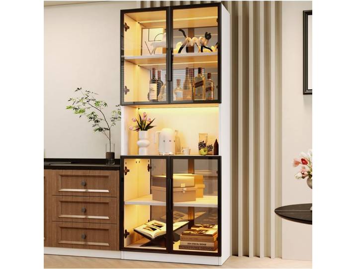 Modenuit Vitrine haute LED 70 x 30 x 170 cm 4 portes verre ESG gris fond miroir MDF blanc