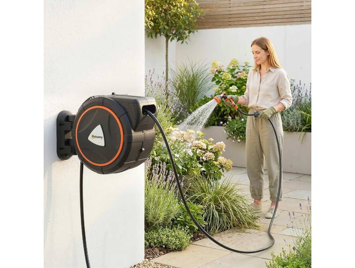 Outsunny Enrouleur Rétractable 28+2m Automatique Blocage Noir