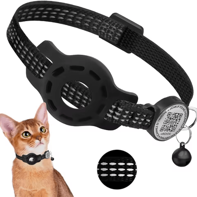 Inspire Curations SafeTrack Reflective Cat GPS Collar With AirTag Holder & QR ID Tag black(no Tracker) airtag Not Included