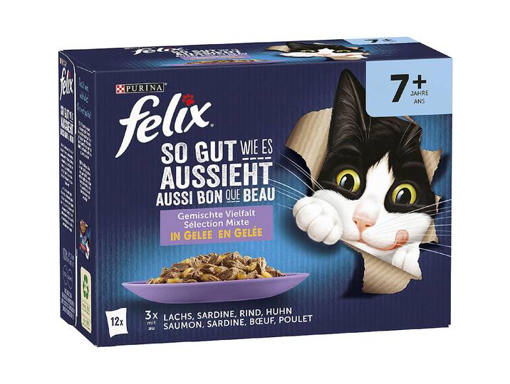 Felix So gut wie es aussieht 7+ in Gelee mit Rind, Huhn, Lachs, Sardine, Katzennassfutter, 12x85g Portionsbeutel