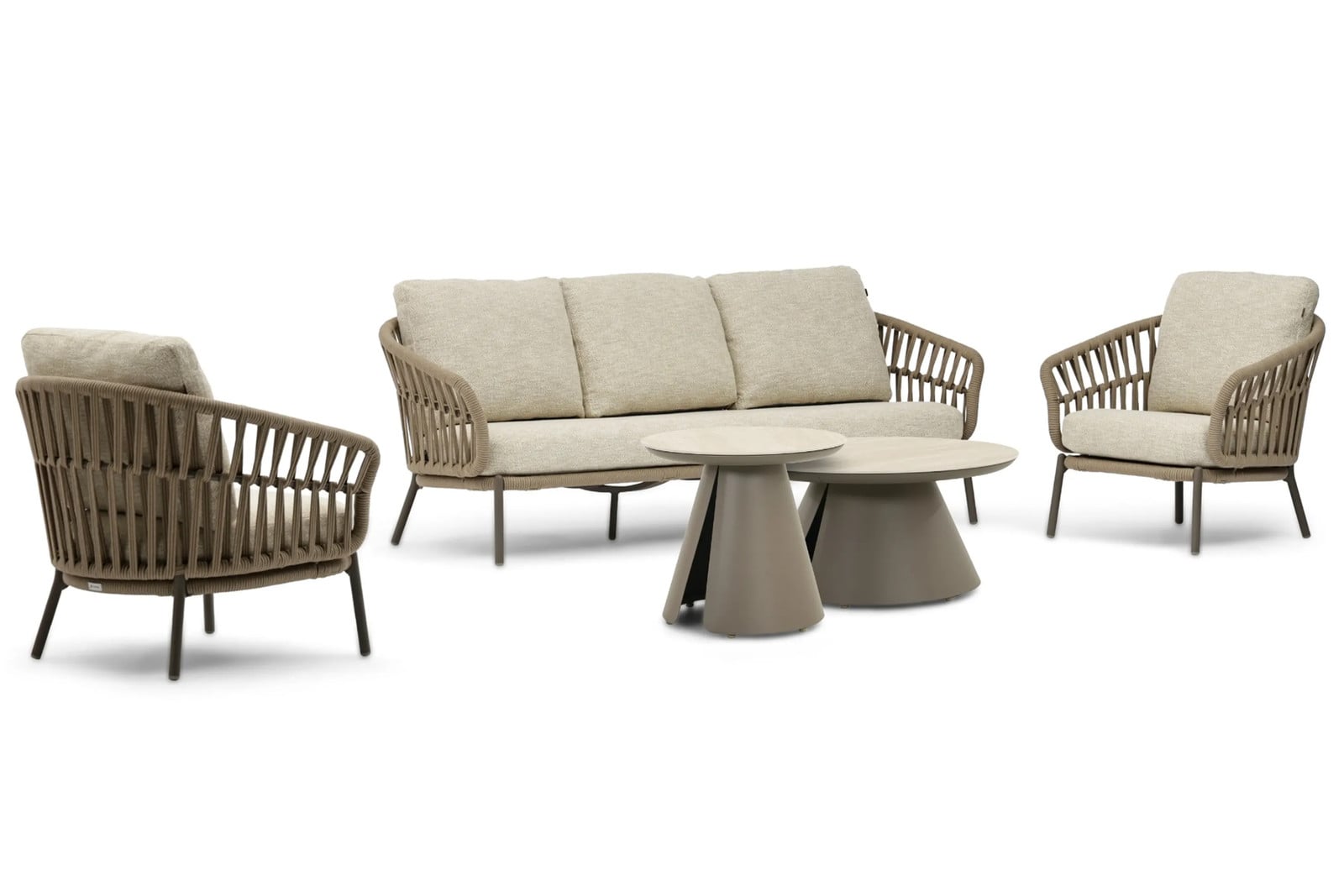 Coco 5-delige moderne loungeset met rattan en textiele kussens in beige/zand