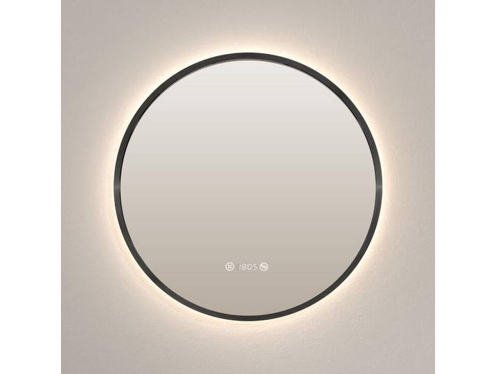 Emke Badspiegel mit LED-Beleuchtung Anti-Beschlag Zeitanzeige Schwarz Ø 60 cm, Glas, Rund, 60x60x3 cm, Badezimmer, Badezimmerspiegel, Badspiegel