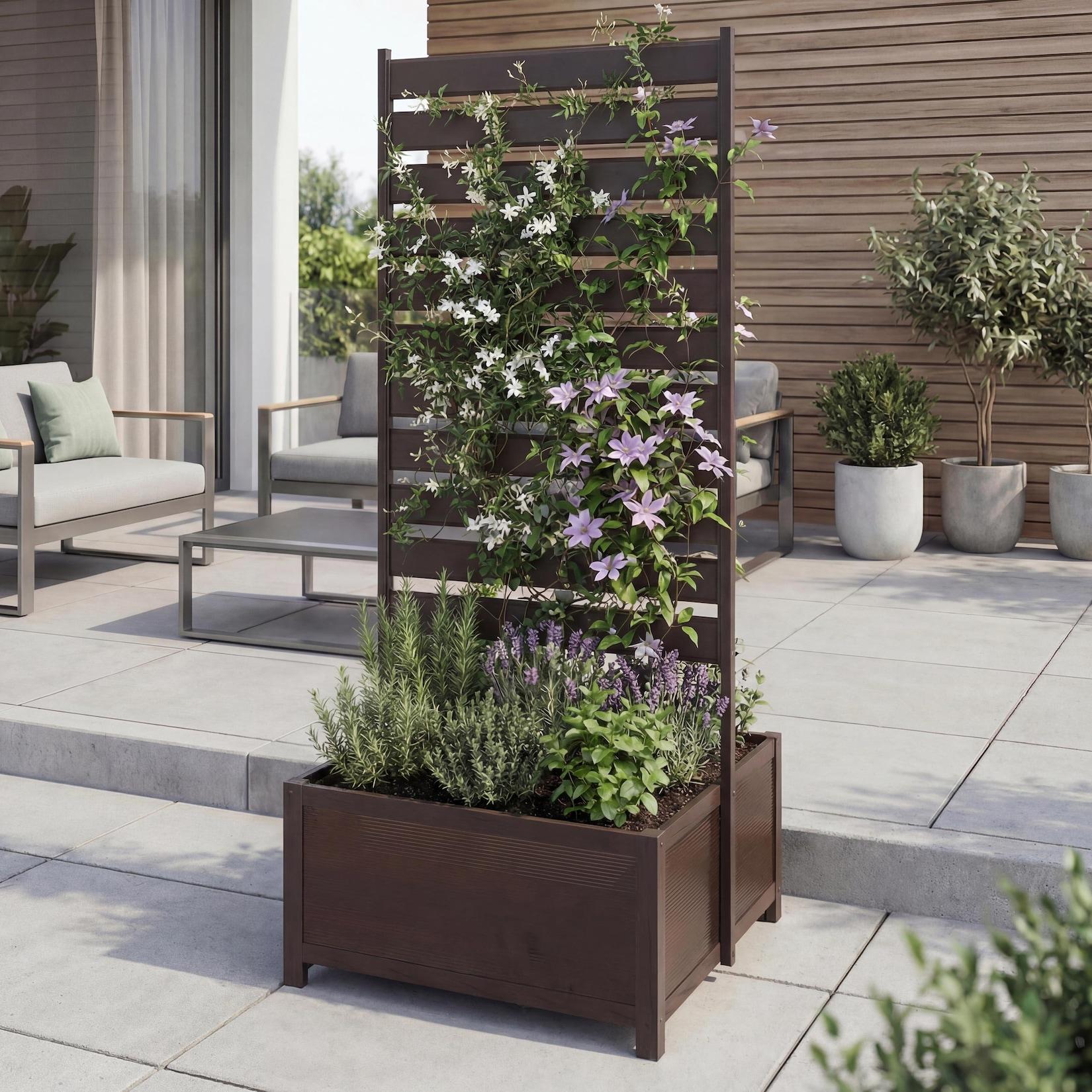 Aluminium Beet mit Rankgitter MCW-P97, Blumenkasten Pflanzkübel Spalier, 110x60x75cm ~ dunkelbraun