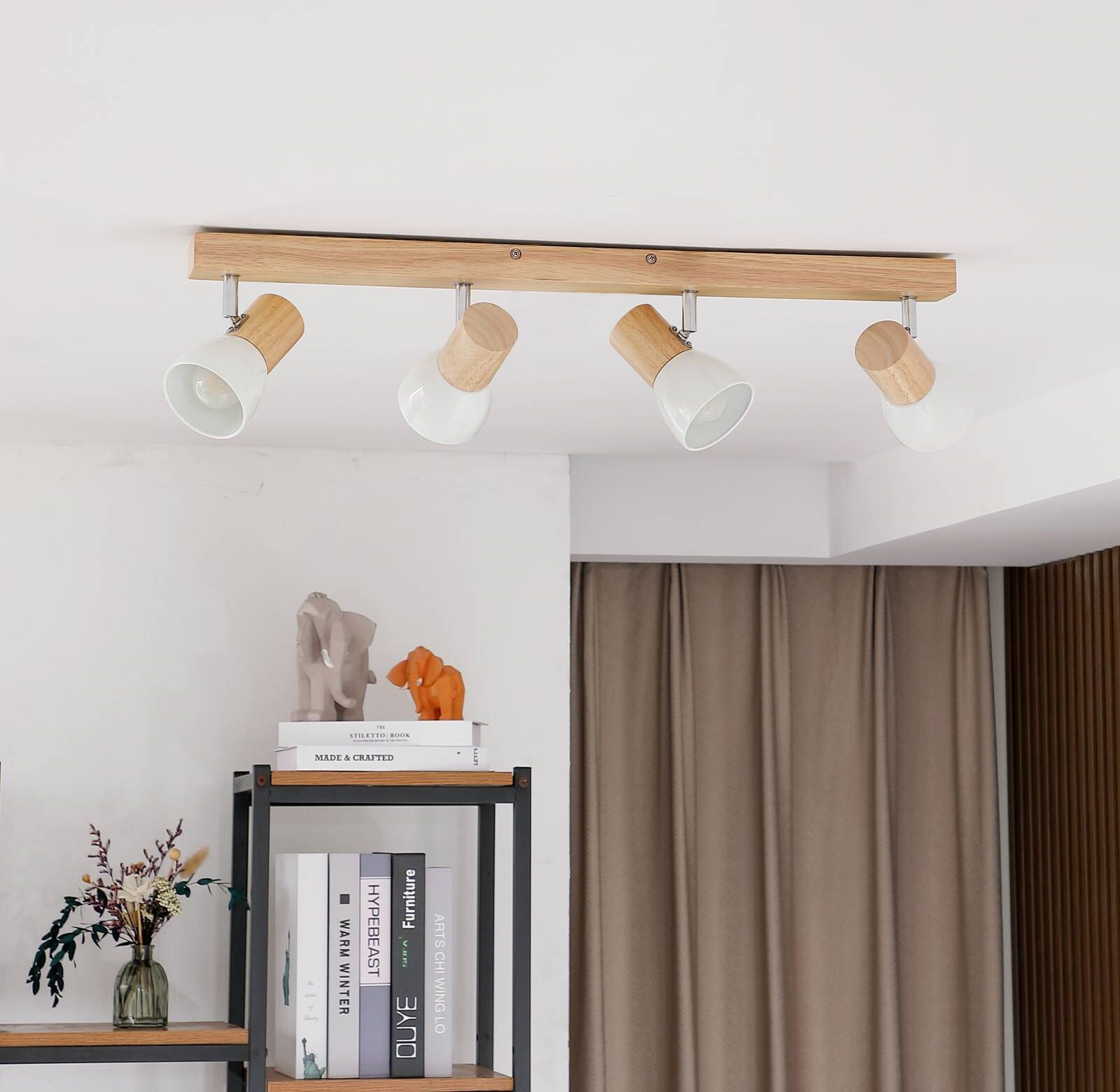 Lindby ceiling light Thorin, 67 cm, 4-bulb, white, wood, E14 Thorin Lindby, dimmable, Dark wood, Living / Dining Room, Scandinavian, Ceiling Light