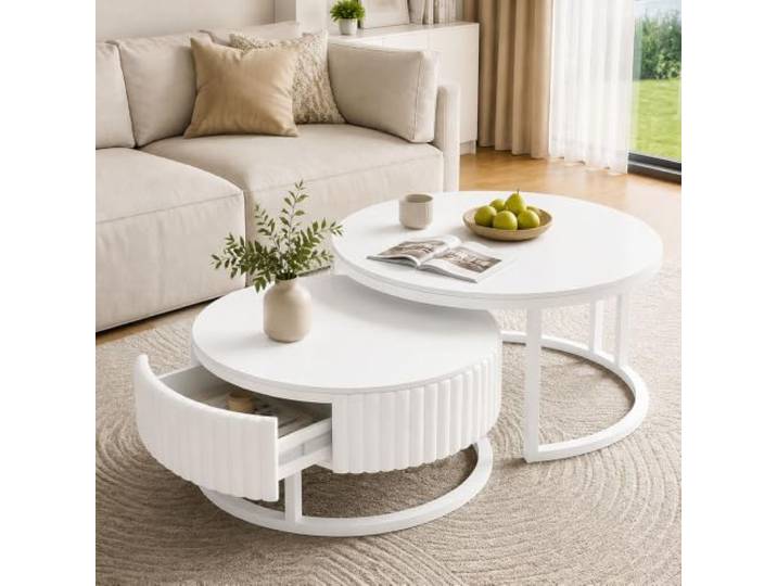 HRXQ Weiss Runder Couchtisch 2er Set Satztische Wohnzimmertisch Sofatisch Moderne, 50+70cm Nesting Geräumige Schublade, Metallbeinen Und Tischplatte Aus Schiefer