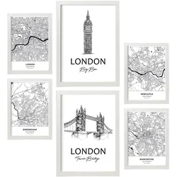 POSTER Set Mit 6 Drucke Von Uk Von Karten In Schwarz Weiß A3 & A4 Weißer Rahmen