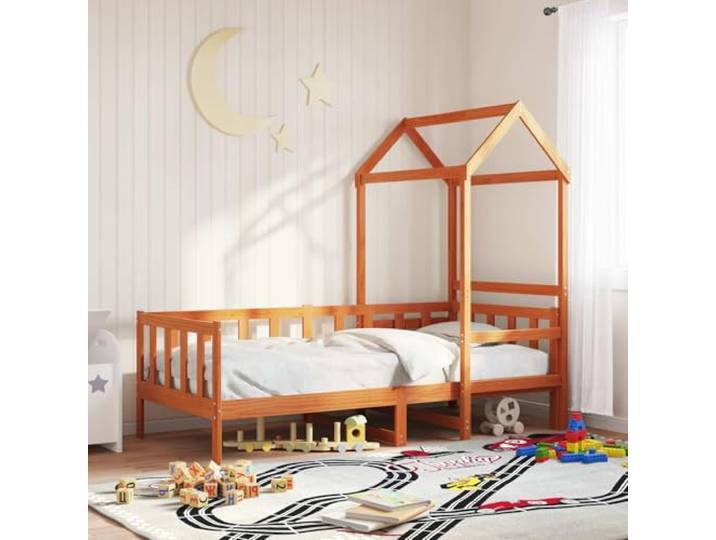 Massives Kiefernholz Tagesbett mit Dachdesign 90x200 cm Braun Tagesbett Set 2 pcs Wachsbraun Massives Kiefernholz mit Dach Bettgestell 90x200 cm Stabil Modern Schlafzimmer Möbel