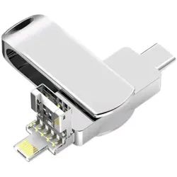 PowerGuard iFlashDrive 4in1 USB-C Lightning MicroUSB 64GB USB 3.0 OTG Adapter (Lightning, USB-A, Lightning, USB-C), USB Adapter, Grau, Silber