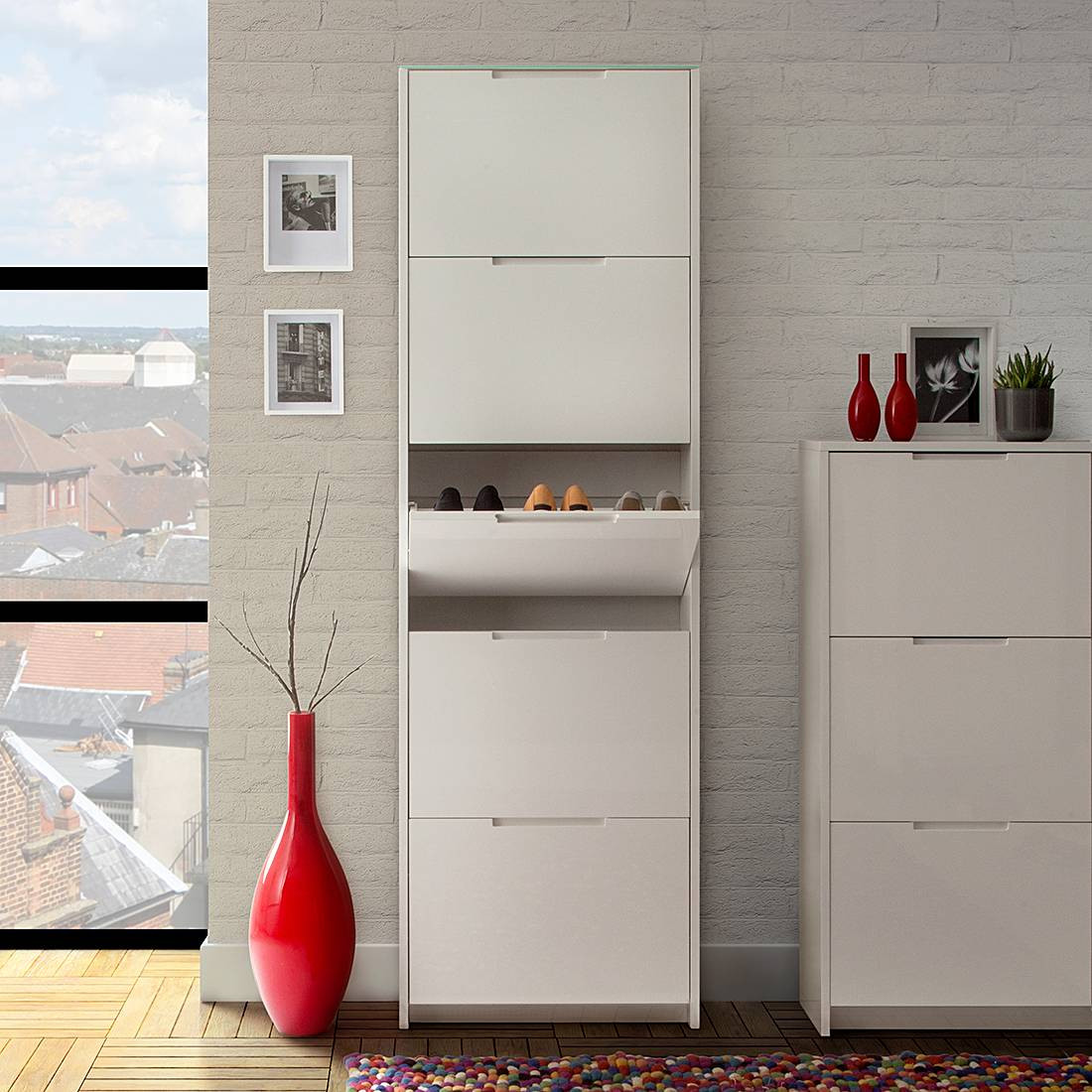 home24 Schoenenkast III wit hoogglans met push-to-open deuren, Hoogte: 197 cm