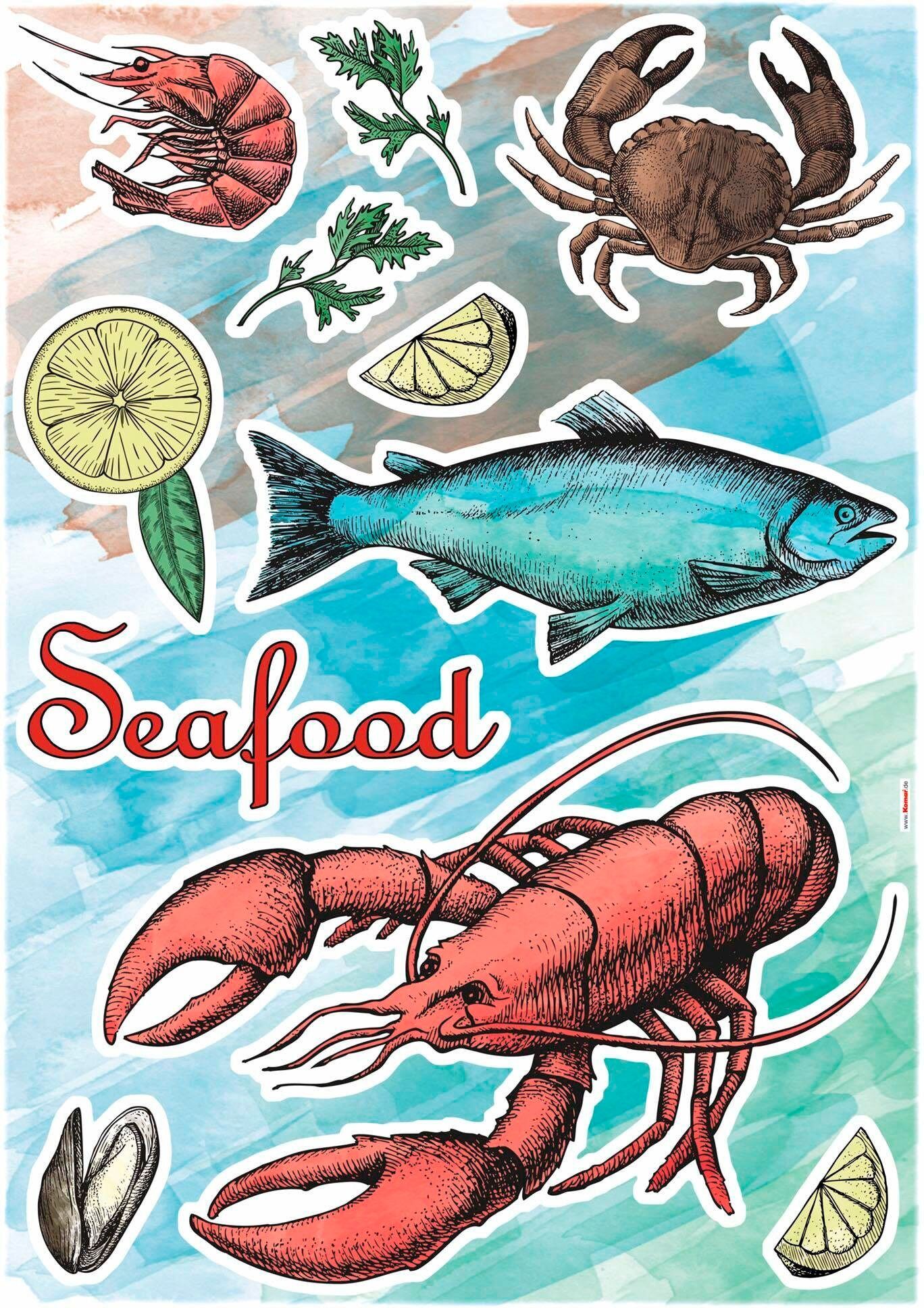 Wandtattoo KOMAR "Seafood - Grösse 50 x 70 cm", bunt, B:50cm H:70cm, Folie, Wandtattoos, Wandtattoo, selbstklebend, Wandsticker bunt B/H/T: 50cm x 70cm, Fische Meerestiere