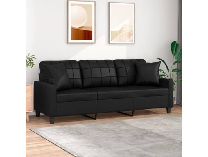 HEFZGDB 3-Sitzer Sofa 180 cm Schwarz Kunstleder Modernes Design mit Zierkissen Langlebiges Material Schmutzabweisende Oberfläche Robustes Metallgestell Bequeme Polsterung
