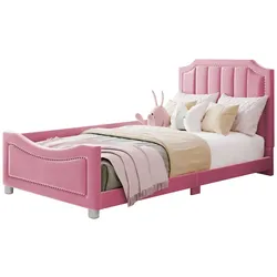 Polsterbett 90x200 cm mit Rückenlehne und Armlehne – Vielseitiges Schlafsofa für Eltern--Räume in Rosa