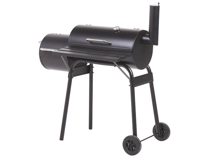 Holzkohlegrill mit Räucherkammer schwarz rollbar Katla, Schwarz, Metall, 66x114x110 cm, Grills, Holzkohlegriller
