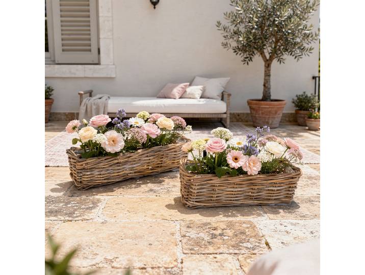 Lot de 2 jardinières de rambarde en rotin