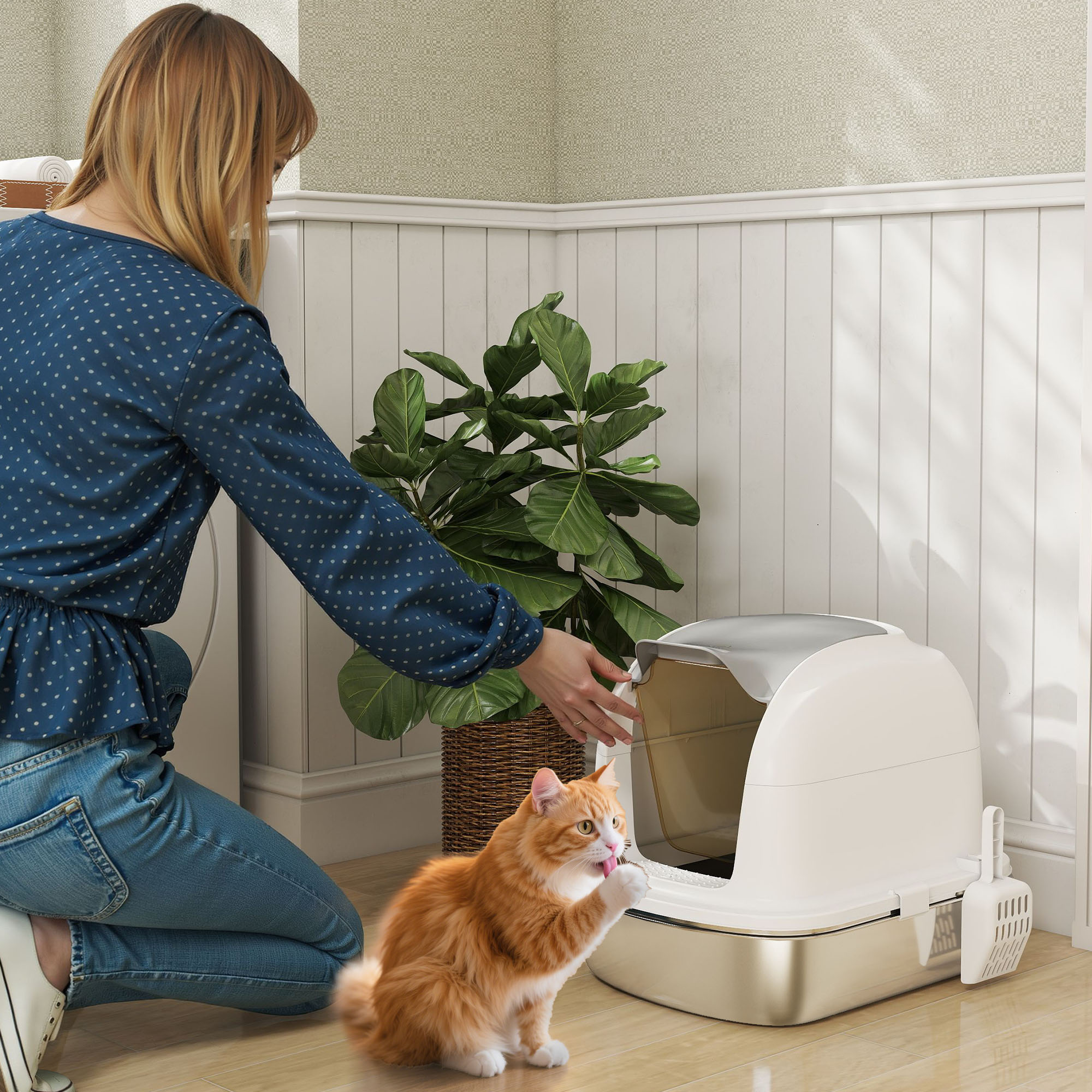 Pawhut Lettiera Gatto Chiusa XL in Acciaio Inox con Coperchio Sollevabile, Paletta, Pacchetto Deodorante, Bianco   Aosom Italy