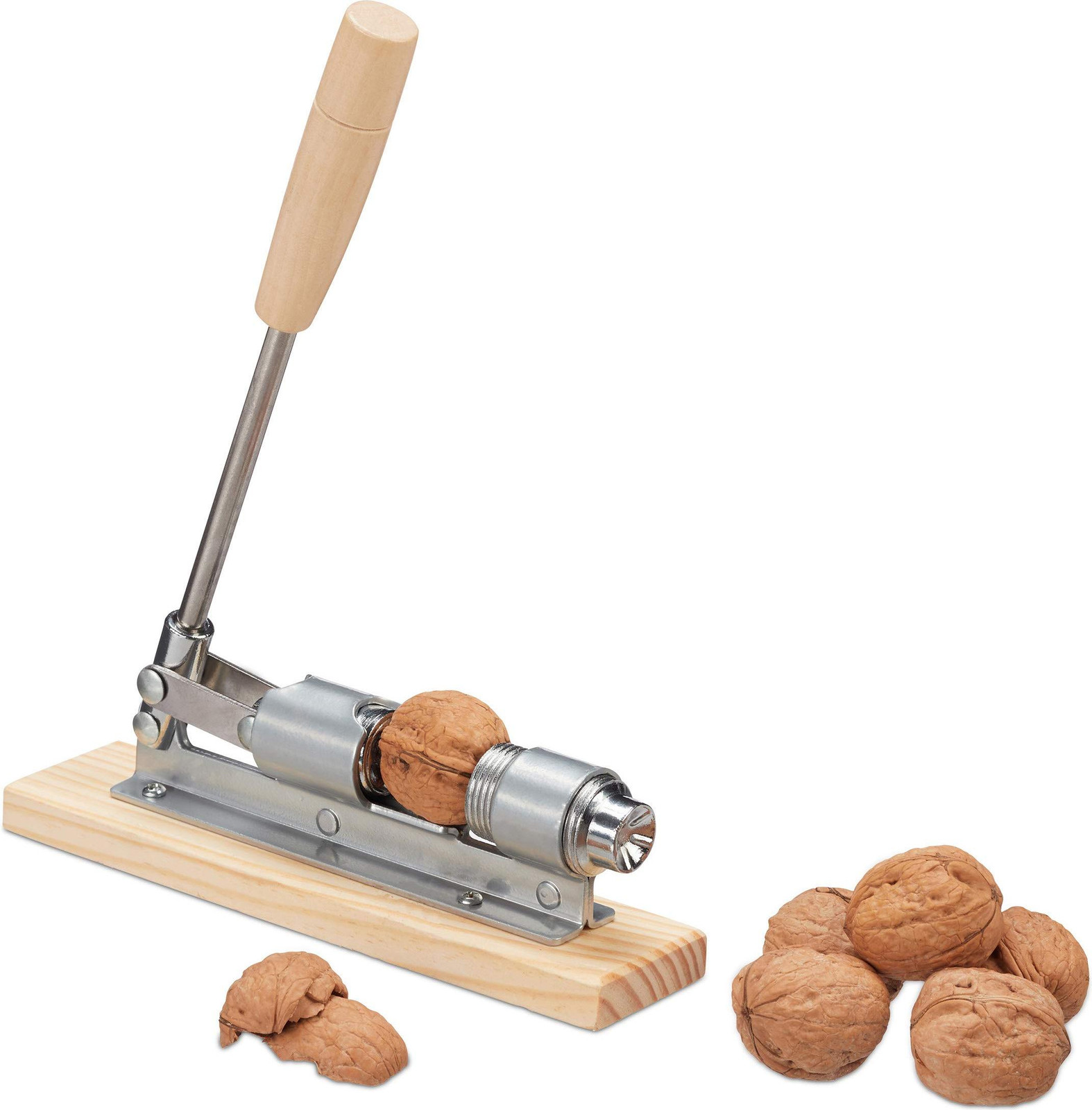 Dripio Retro houten notenkraker met hendel, verstelbaar, zilver/naturel
