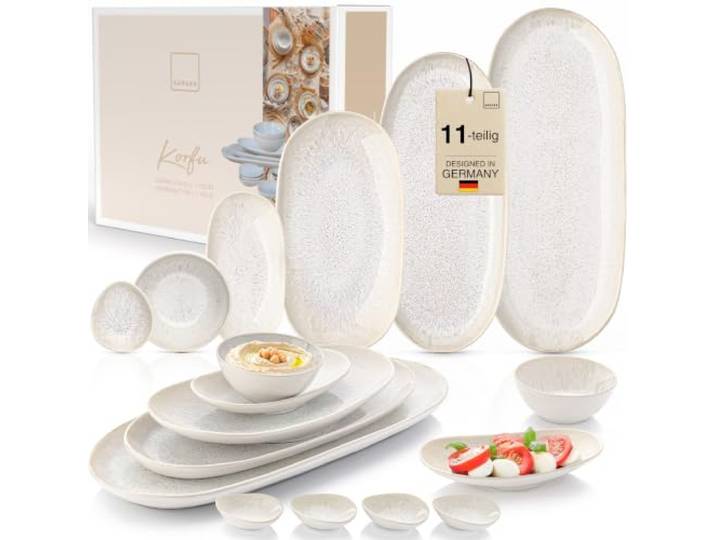 SÄNGER Korfu Servierplatten Set 11tlg Steingut in Creme Beige mit Maserung