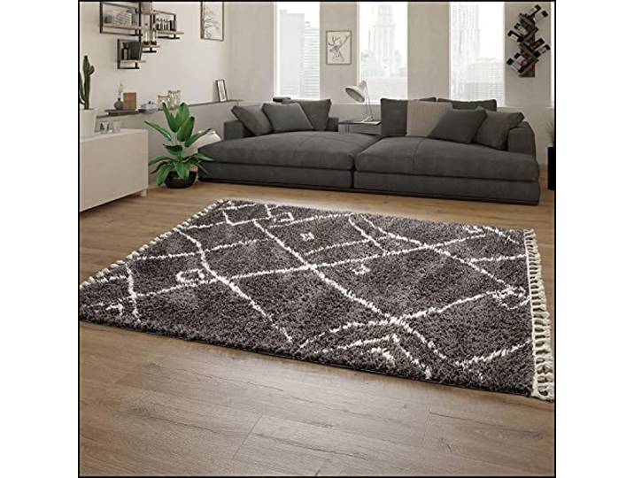 Paco Home Hochflor Teppich Wohnzimmer Shaggy Skandinavisch Fransen Flauschig Modern Langflor, Grösse:140x200 cm, Farbe:Anthrazit 2