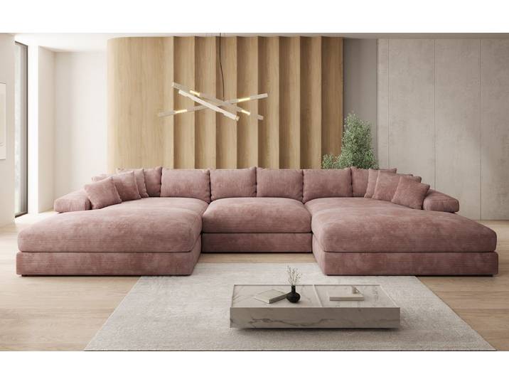 Designer Sofa Bernardo U mit breiter Ottomane in Cord - Rosé - Cord - Luxusbetten24