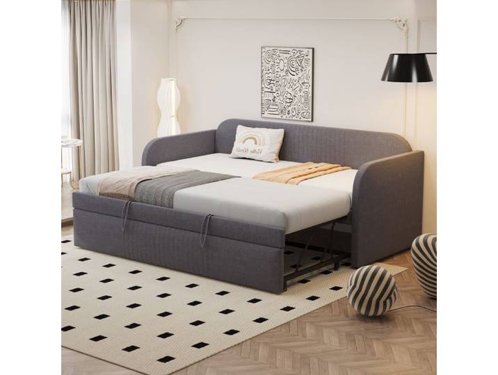 Canapé-lit - DREAMMESPACE - Lit gigogne 90/180x190cm - Tissu en lin - Gris - Sommier à lattes