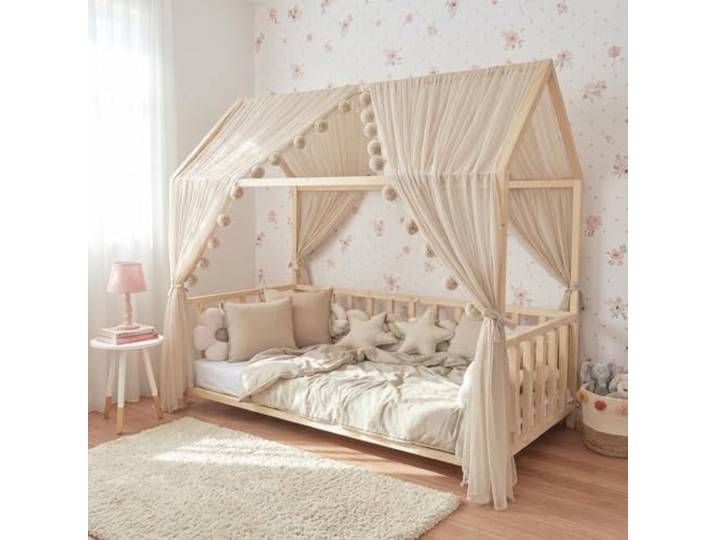Baby Fancyroom Hausbett Himmel Betthimmel für Kinderbett Kinderzimmer Baldachin Bettvorhang Betthimmel für Mädchen Prinzessin Zimmer (Beige, 360cm, mit Pompomgirlande)