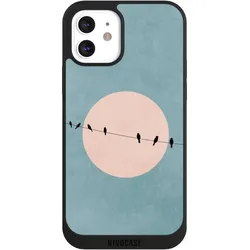 Nivocase Handyhülle für Apple iPhone 12 Hülle NIVOpure Case Schwarz Mond Vogel türkis (Apple iPhone 12), Smartphone Hülle, Schwarz, Türkis