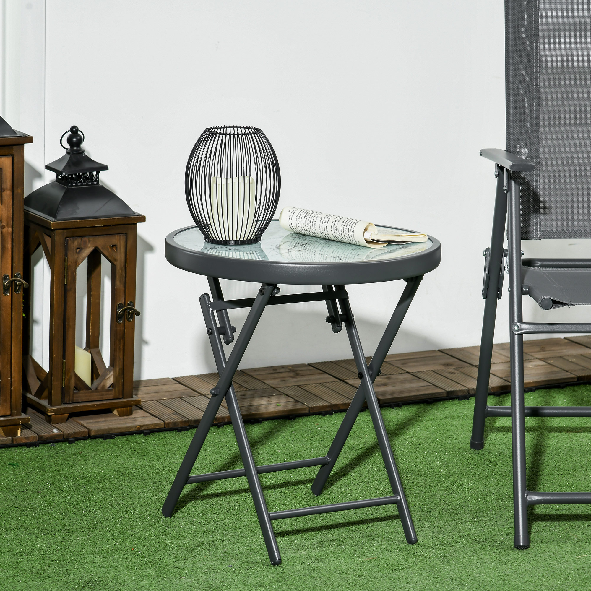 Outsunny Tavolino da Caffè per Giardino Pieghevole con Piano in Vetro Effetto Marmo, Ø45x50cm, Grigio Aosom