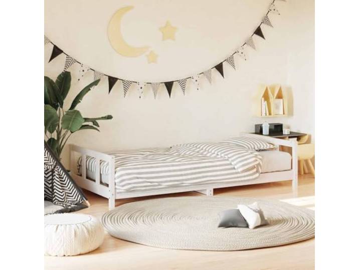 KGCRYUWED Kiefernholz Kinderbett Weiß 90x190 cm Massivholz Jugendbett Rustikale Optik, Stabile Lattenrostkonstruktion, Einfacher Aufstieg