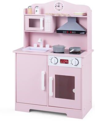 Costway Play Kitchen for Kids Wooden Playset with Range Hood and Microwave-Pink